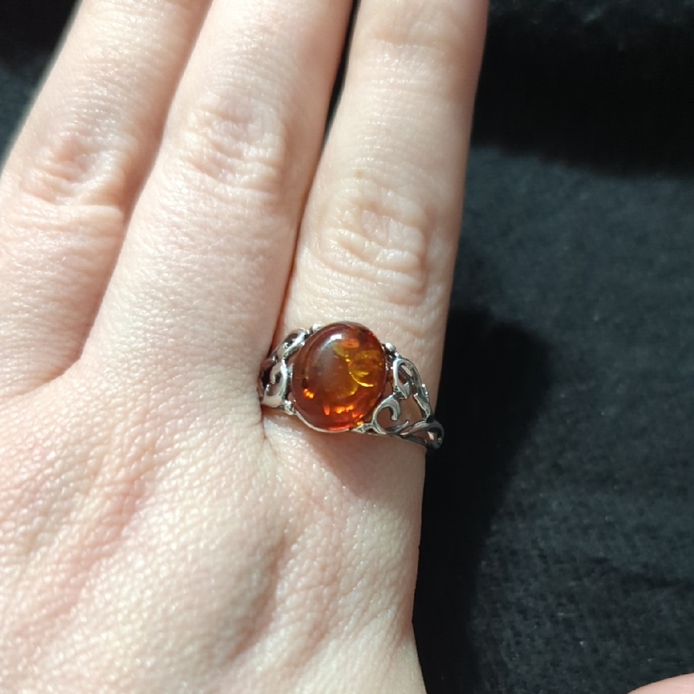 Sterling Silver Brown Baltic Amber Gemstone Dainty Delicate Statement Ring - 9